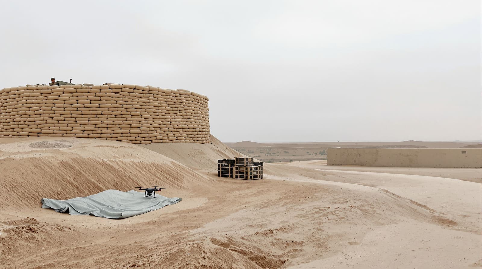 Illustration of a quiet sandbagged military outpost at dawn on a scrub rise in northern Gaza terrain.