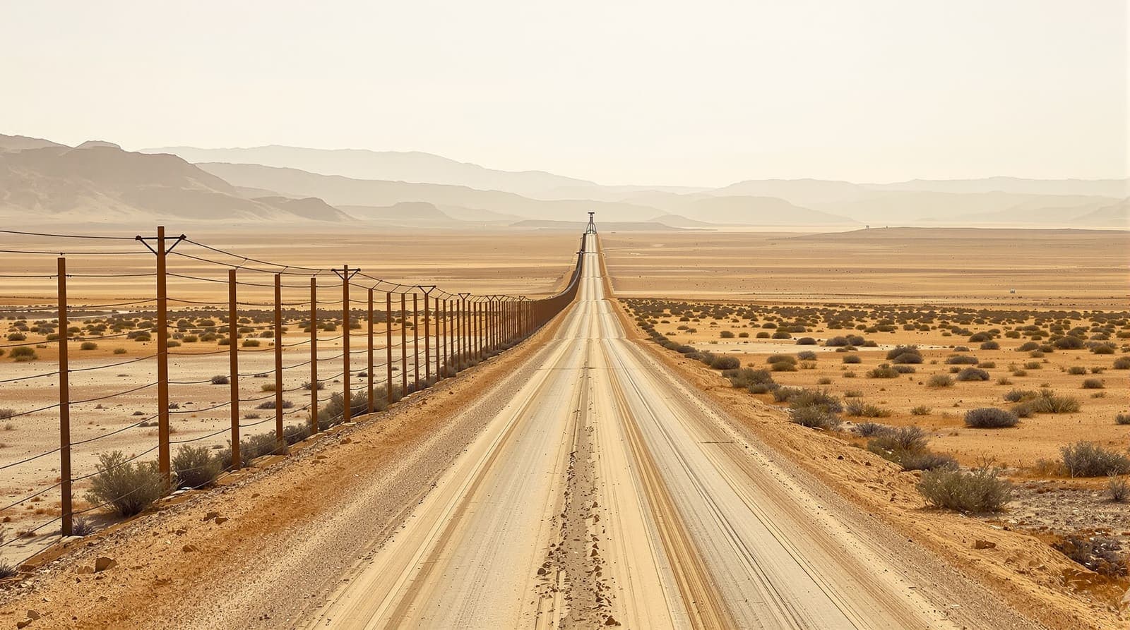 Illustration of a border fence and dirt patrol track crossing the arid Jordan Valley at dawn, with hazy hills beyond.