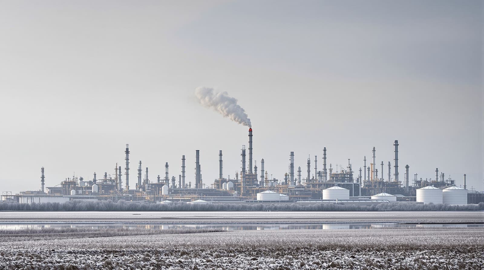 Illustration of an oil refinery's columns and storage tanks on flat steppe beside a wide river under an overcast dawn sky.