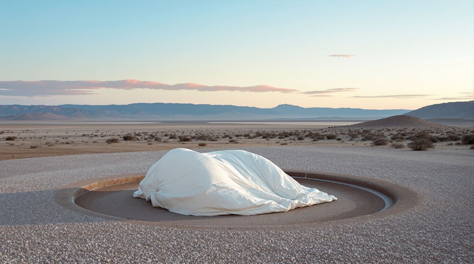 Illustration of a pale parachute canopy lying in a rocky desert hollow at dawn beneath layered arid ridgelines.