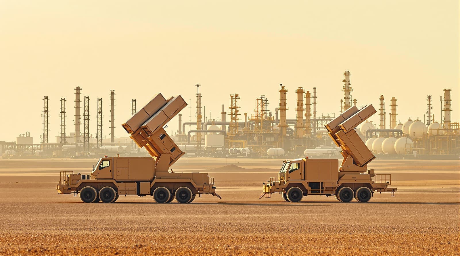 Illustration of mobile air defence launchers parked on desert gravel near an oil and gas processing plant at dawn.
