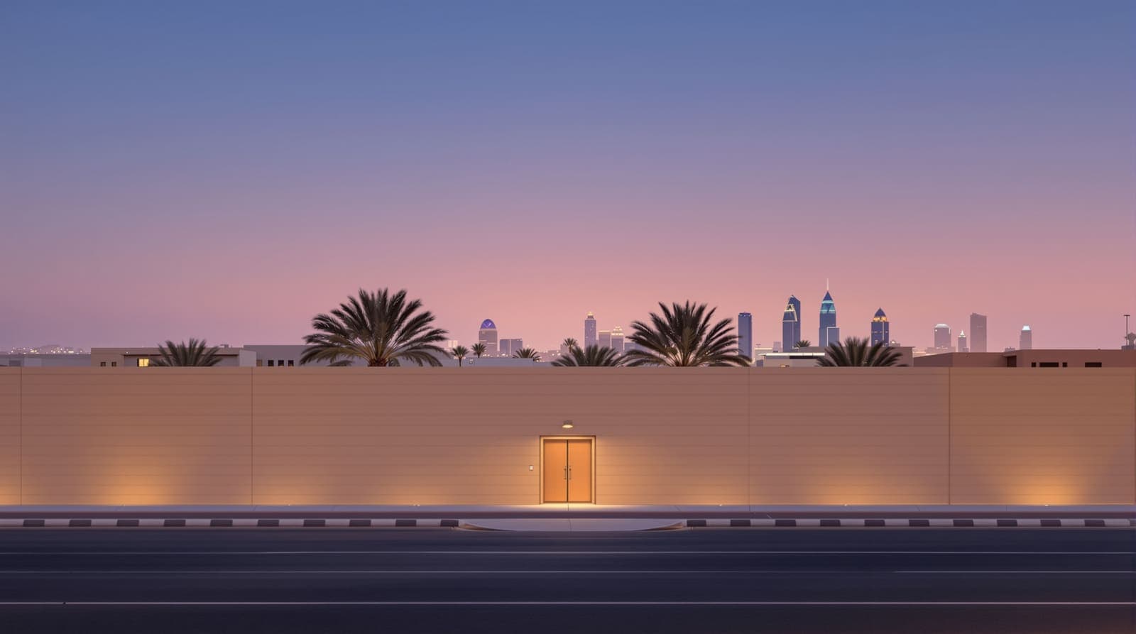Illustration of a high sandstone compound wall with date palms and a closed gate in Riyadh at dusk, the city skyline hazy beyond.