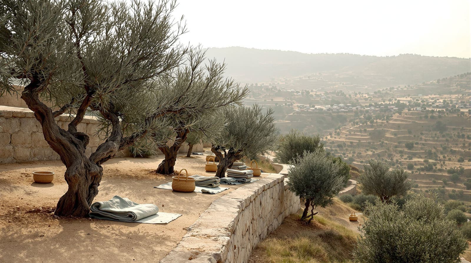 Illustration of a terraced olive grove on a rocky West Bank hillside at dawn, with harvest tarpaulins and baskets beneath the trees