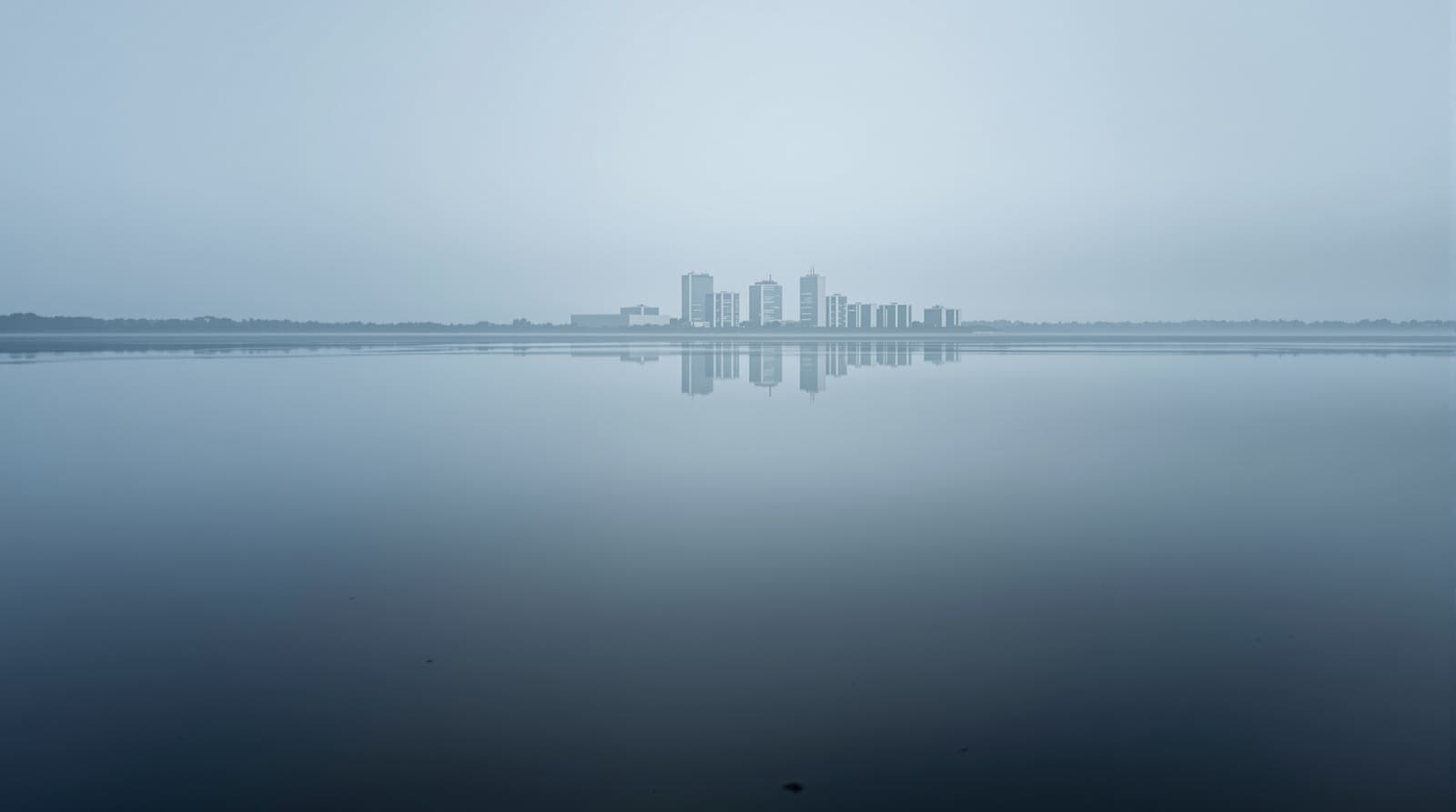 Illustration of distant pale institutional towers in a Dutch coastal city seen across flat grey water under an overcast dawn sky.