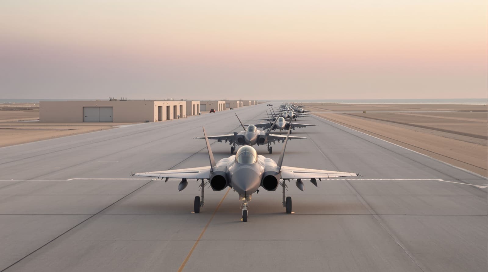 Illustration of grey fighter jets parked on a desert air base apron beside the Gulf at dawn.