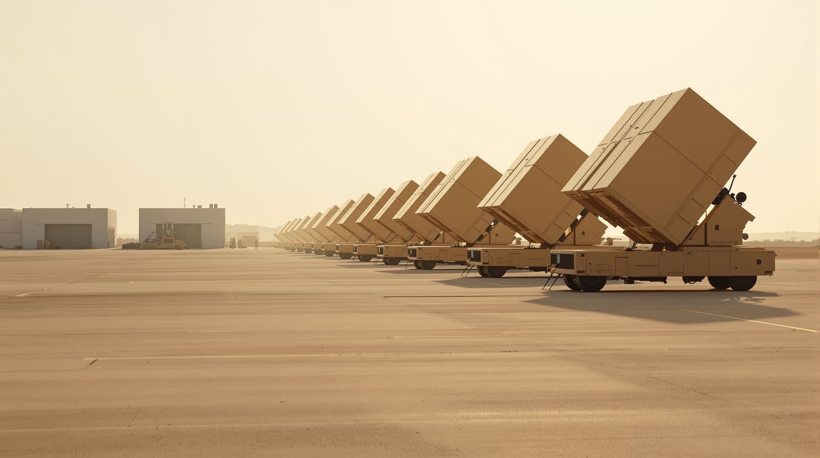 Illustration of air defence launchers lined up on a desert airbase apron near the Gulf coast at dawn.
