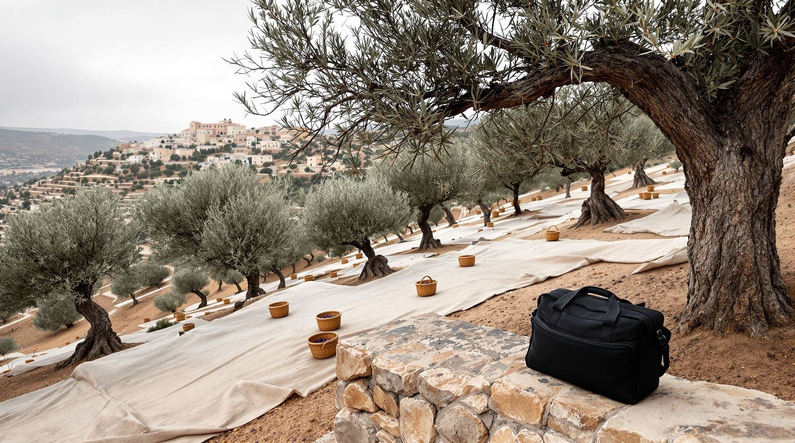 Illustration of an olive grove on stone terraces near a West Bank village at dawn, with harvest cloths and a camera bag on a wall.
