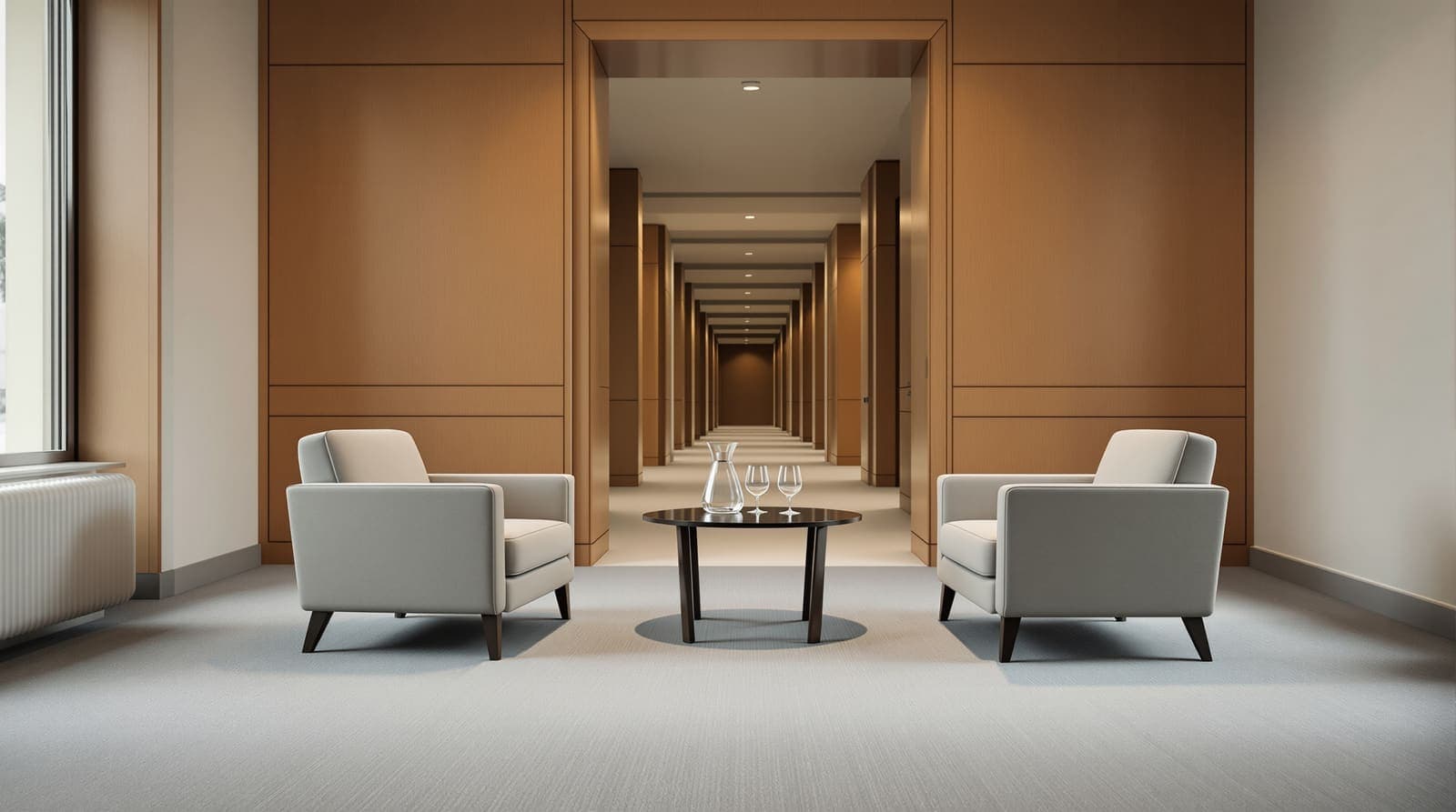 Illustration of an empty diplomatic anteroom with two facing armchairs and a corridor beyond, lit by soft overcast daylight.