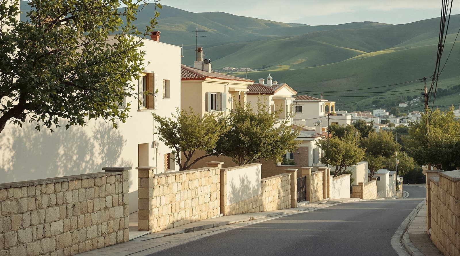 Illustration of a quiet hillside street of stone houses in a Lower Galilee town at dawn, olive trees and hills behind.
