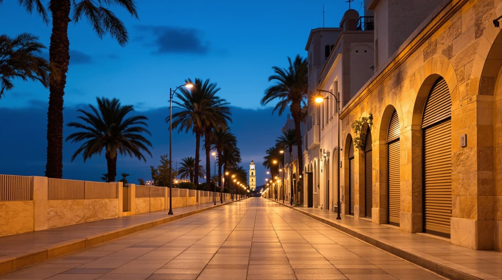 Illustration of an empty Yefet Street in Jaffa at dusk, with old limestone facades, closed shutters and warm streetlamps along the road.