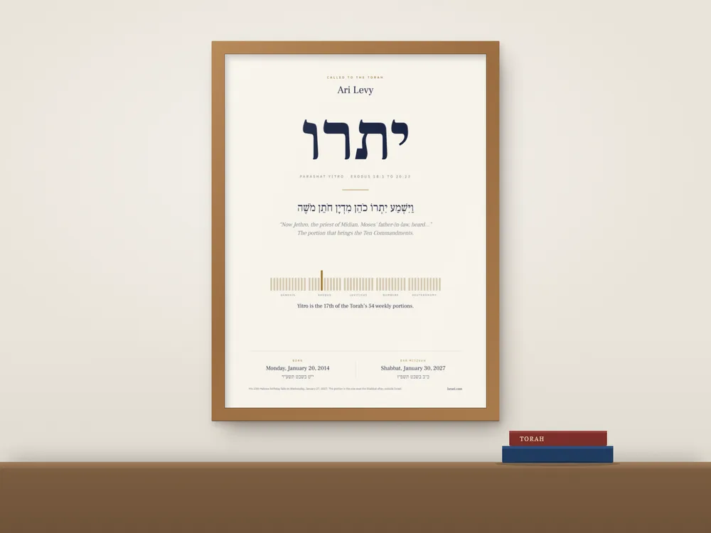 A framed print of a Torah portion's name in large Hebrew letters