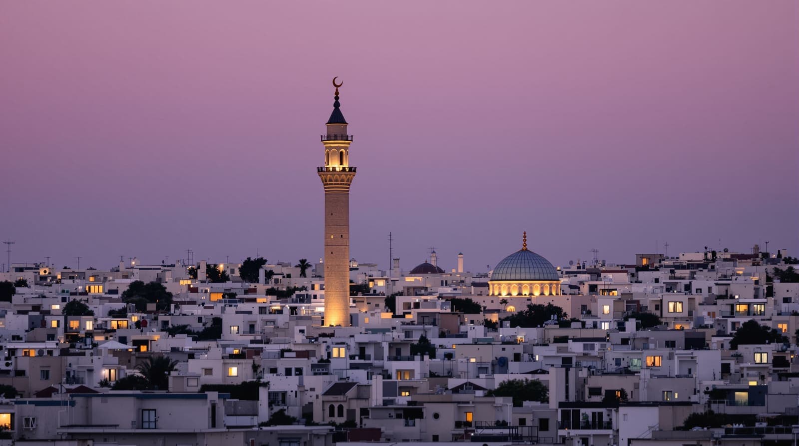 Illustration of a mosque minaret and dome rising above the rooftops of an Israeli coastal city at dusk.