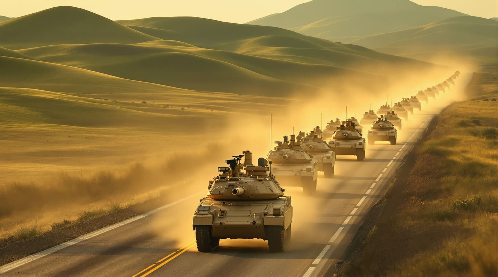 Illustration of a dust-shrouded column of tanks on a highway heading toward green northern hills at dawn.