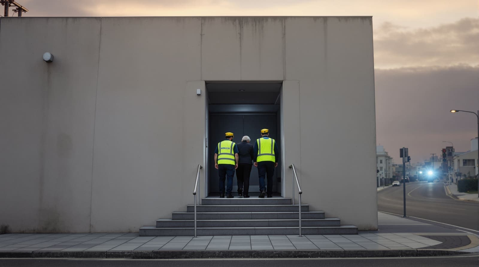 Illustration of two paramedics and a resident seen from behind entering a raw-concrete shelter doorway at dawn, blue light glowing far down the empty street.