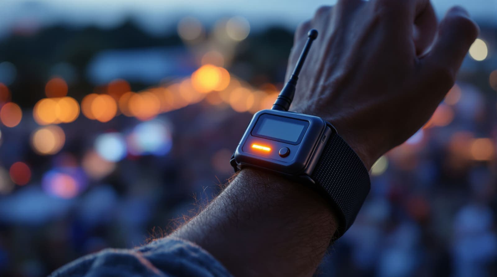 Illustration of a rugged radio wristband with a glowing indicator worn at a twilight festival, with a blurred crowd behind.