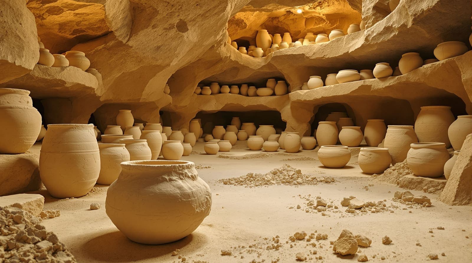 Illustration of a limestone cave workshop crowded with rough hand-carved chalk-stone vessels and a half-finished core on the bedrock, representing the 2,000-year-old factory uncovered after an antiquities sting.