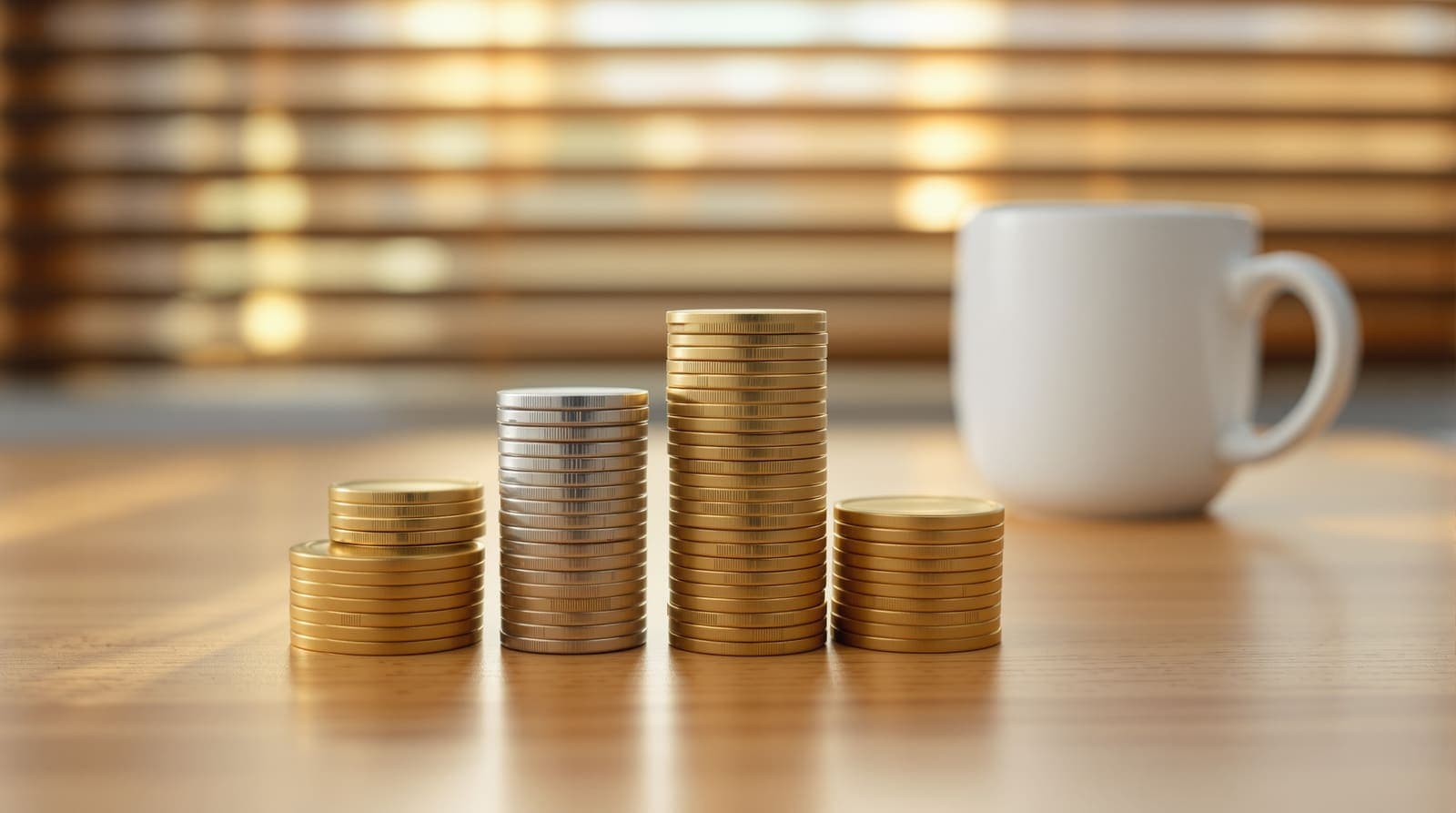 Illustration of stacks of shekel coins arranged in a rising row on an office desk.