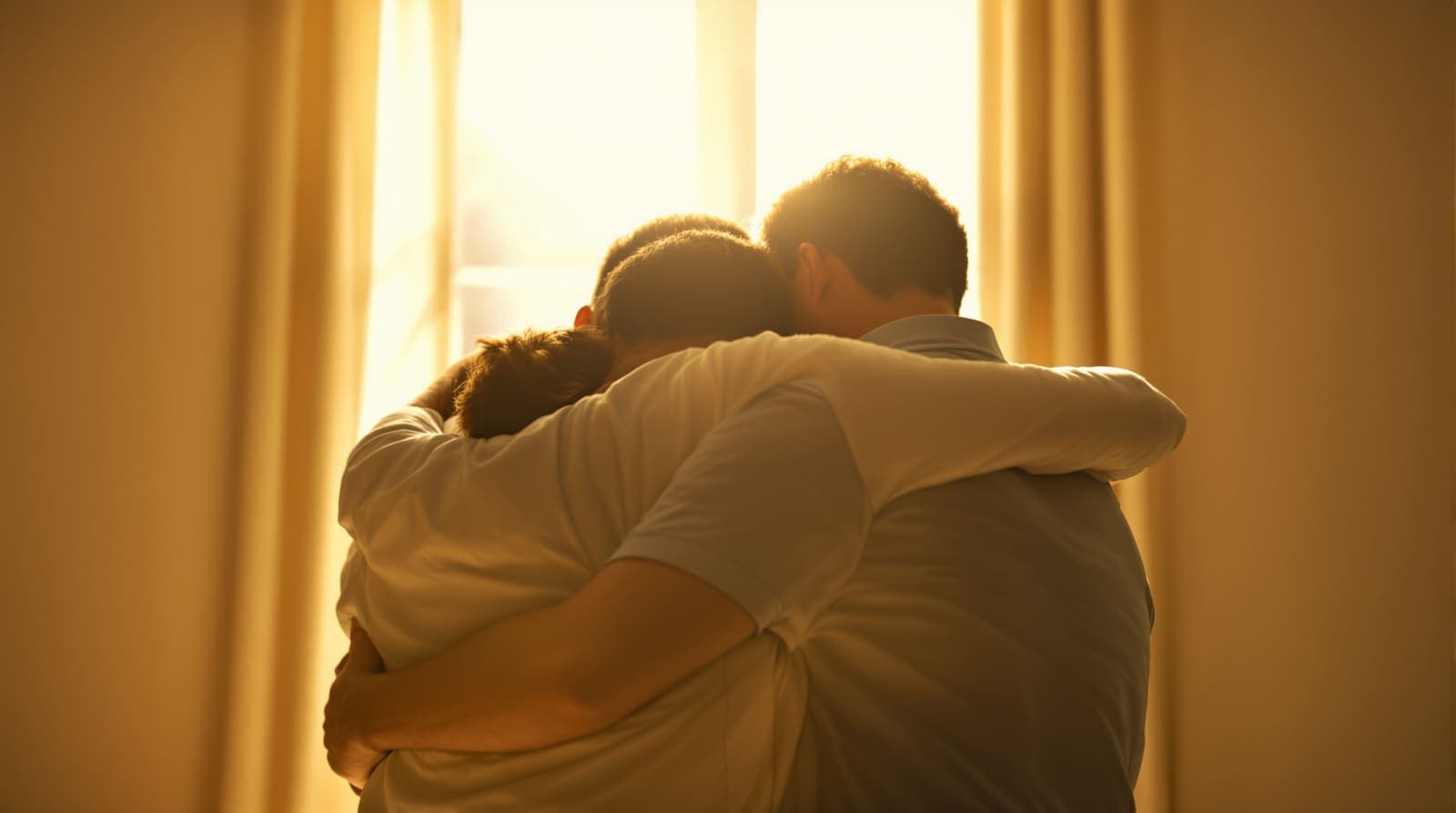 Illustration of a young man embracing his parents, seen from behind against warm light from a tall window.