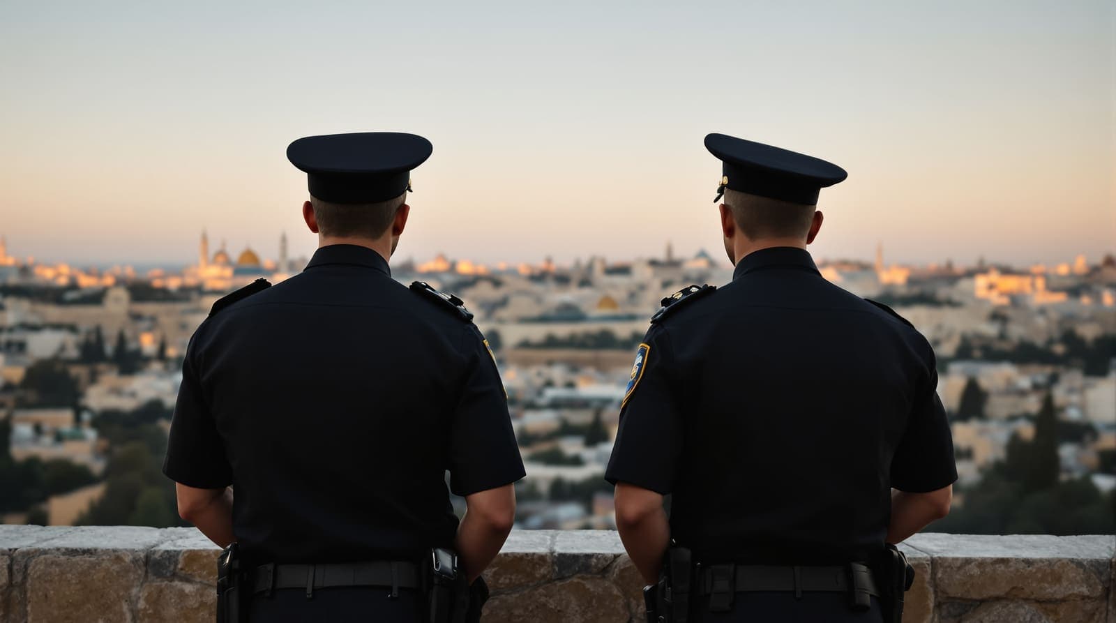 Illustration of two police officers seen from behind looking out over the distant Jerusalem Old City skyline at dawn.
