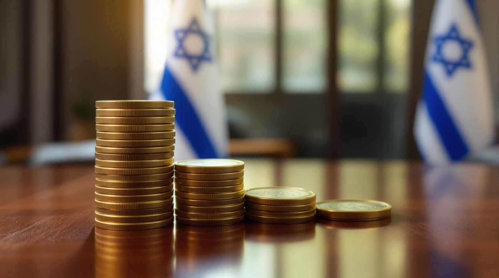Illustration of stacks of smooth blank metal discs stepping down from tall at left to a single disc at right on a desk, an Israeli flag blurred behind.