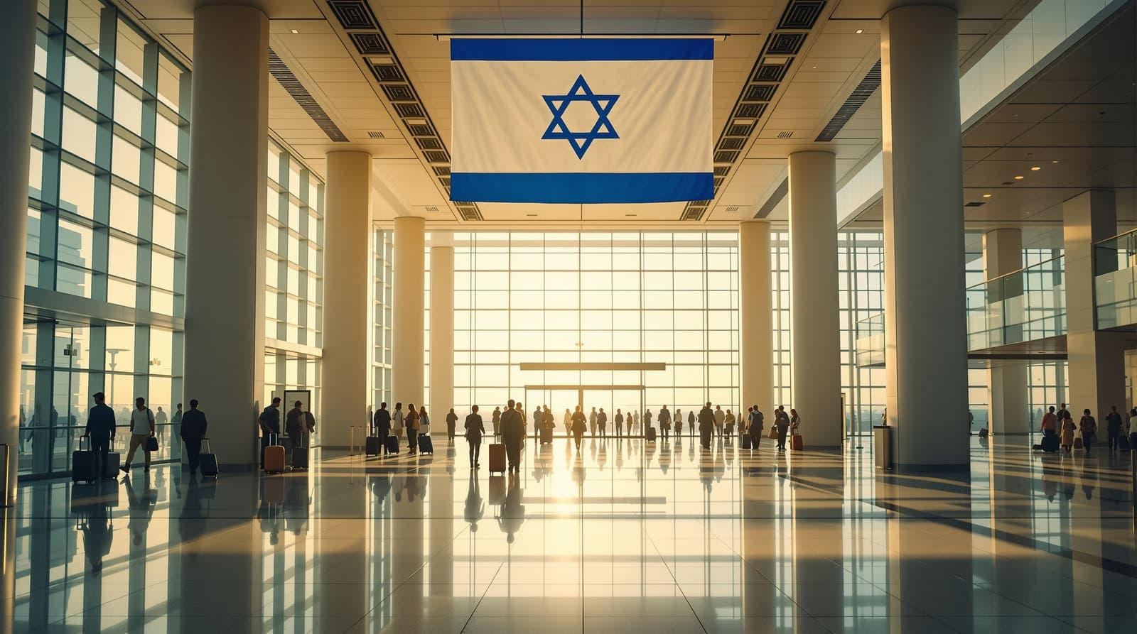 Illustration of an airport arrivals hall with a large Israeli flag hanging above distant silhouetted travelers.