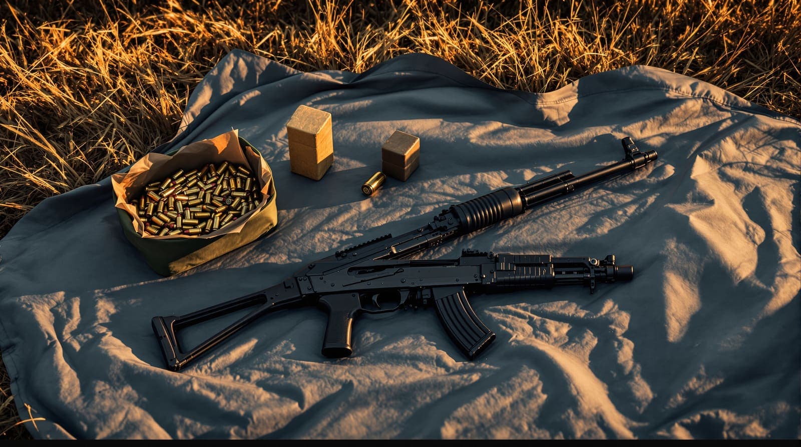 Illustration of a seized compact submachine gun, heaped loose cartridges and a paper-wrapped explosive charge laid out on a tarp in a field.
