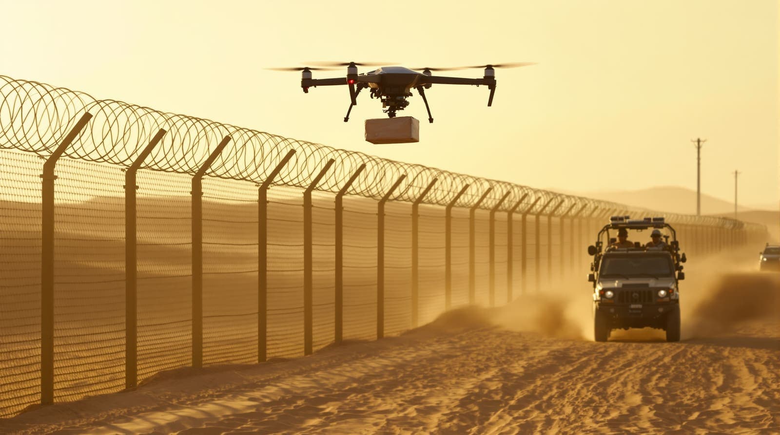 Illustration of a smuggling-style quadcopter drone hovering over a razor-wire desert border fence as an all-terrain vehicle raises a dust trail below.