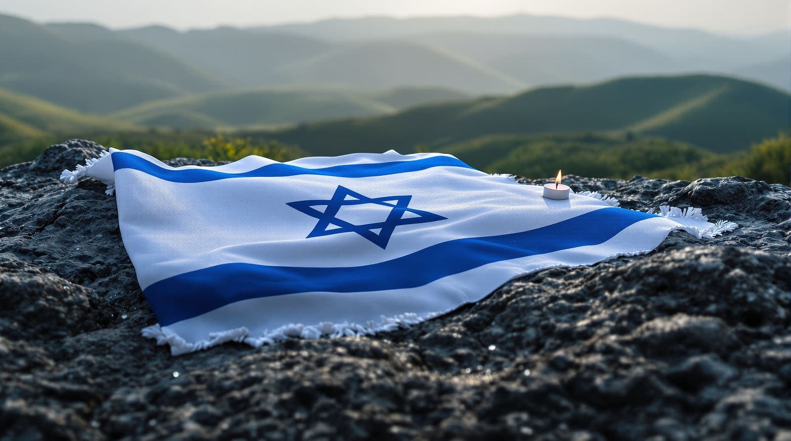 Illustration of a folded Israeli flag and a lit memorial candle on a basalt boulder overlooking hazy northern border ridgelines at dawn.