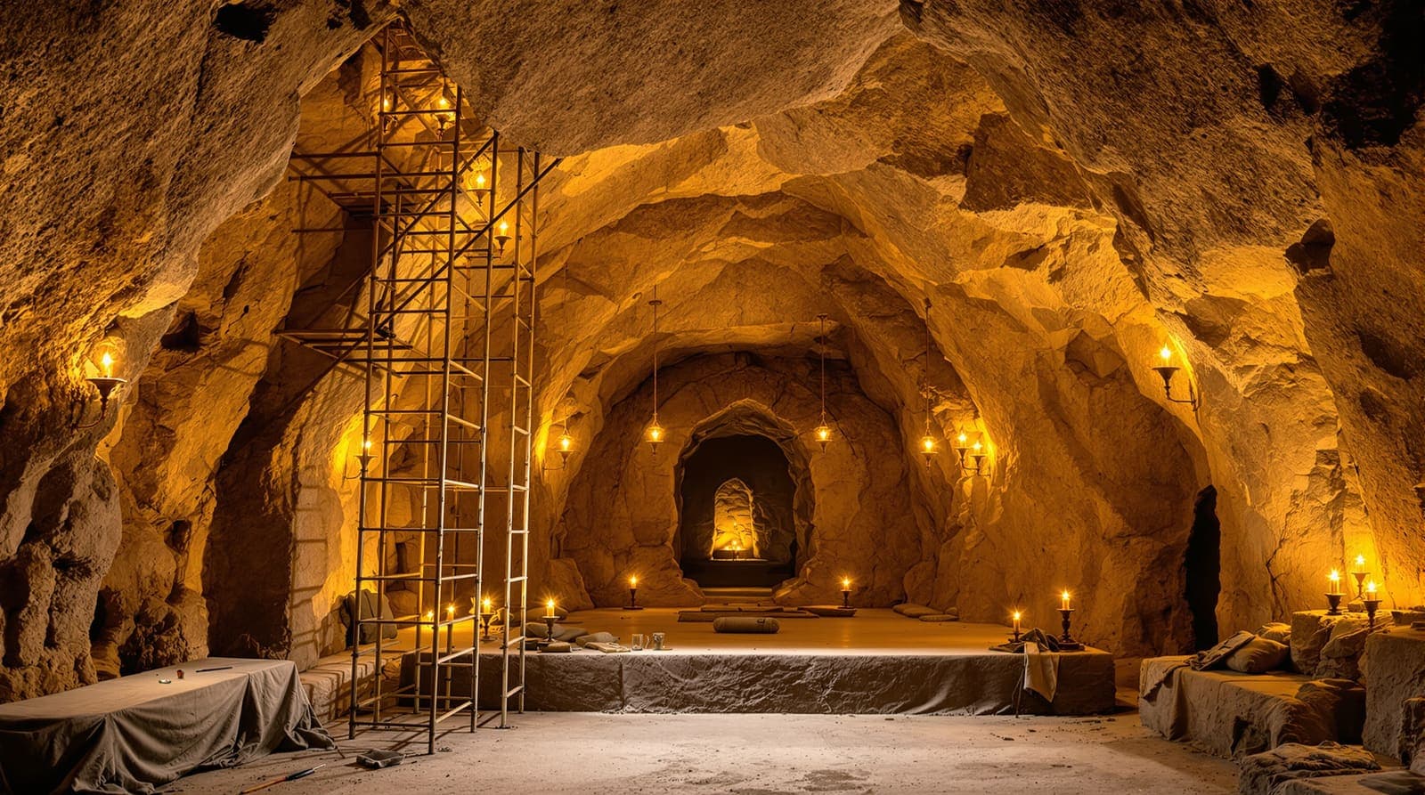 Illustration of restoration scaffolding and hanging oil lamps inside an ancient limestone grotto.