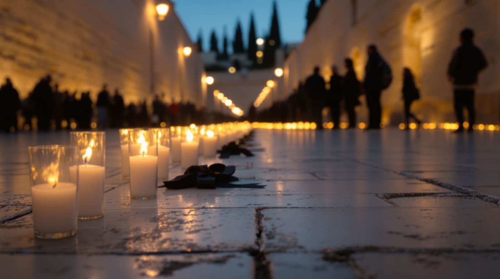 Illustration of white memorial candles and a black ribbon on a Jerusalem stone street at dusk with mourners silhouetted in the background.