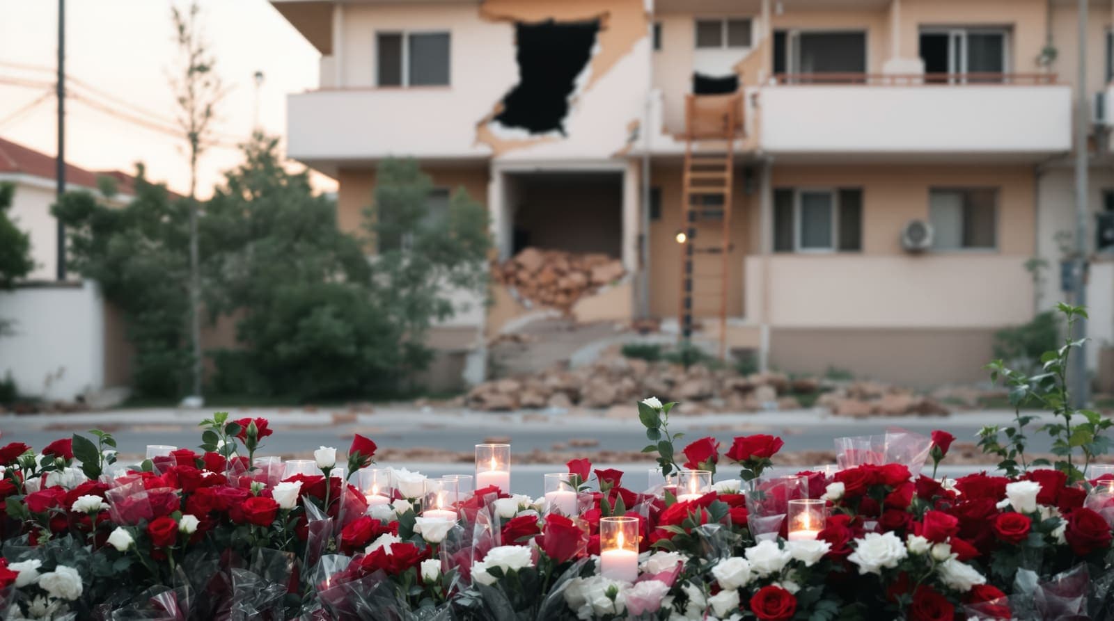 Illustration of memorial flowers and candles on a garden wall before an apartment building with a hole torn through its roof.