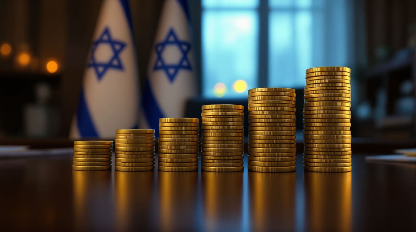Illustration of ascending stacks of coins on a desk with an Israeli flag blurred in the background.