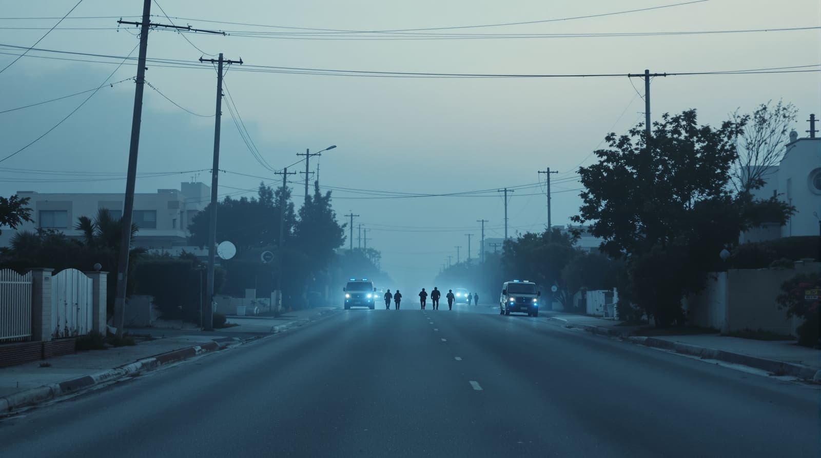 Illustration of distant tactical vans with blue lights and small silhouetted figures at an apartment entrance on a Be'er Sheva street at dawn.