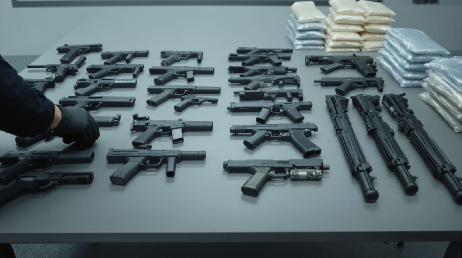 Illustration of seized handguns and rifles arranged in rows on an evidence table beside sealed clear evidence bags.