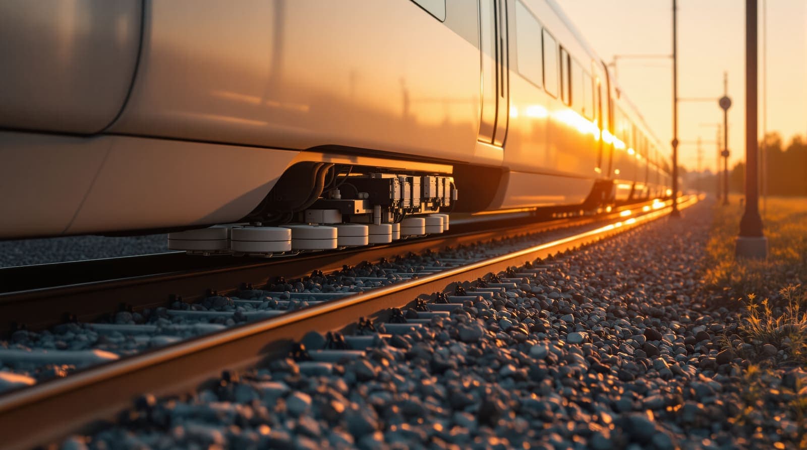 Illustration of a modern railcar fitted with sensor pods under its chassis travelling along railway tracks at golden hour.