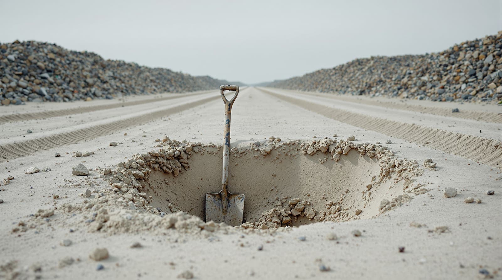 Illustration of a freshly dug shallow pit in sandy ground with a spade in the spoil heap and tyre tracks passing by.