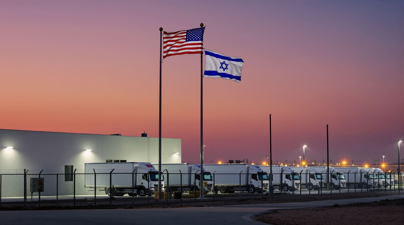 Illustration of US and Israeli flags flying outside a modern operations facility at dusk, with white aid trucks lined up beyond a fence.