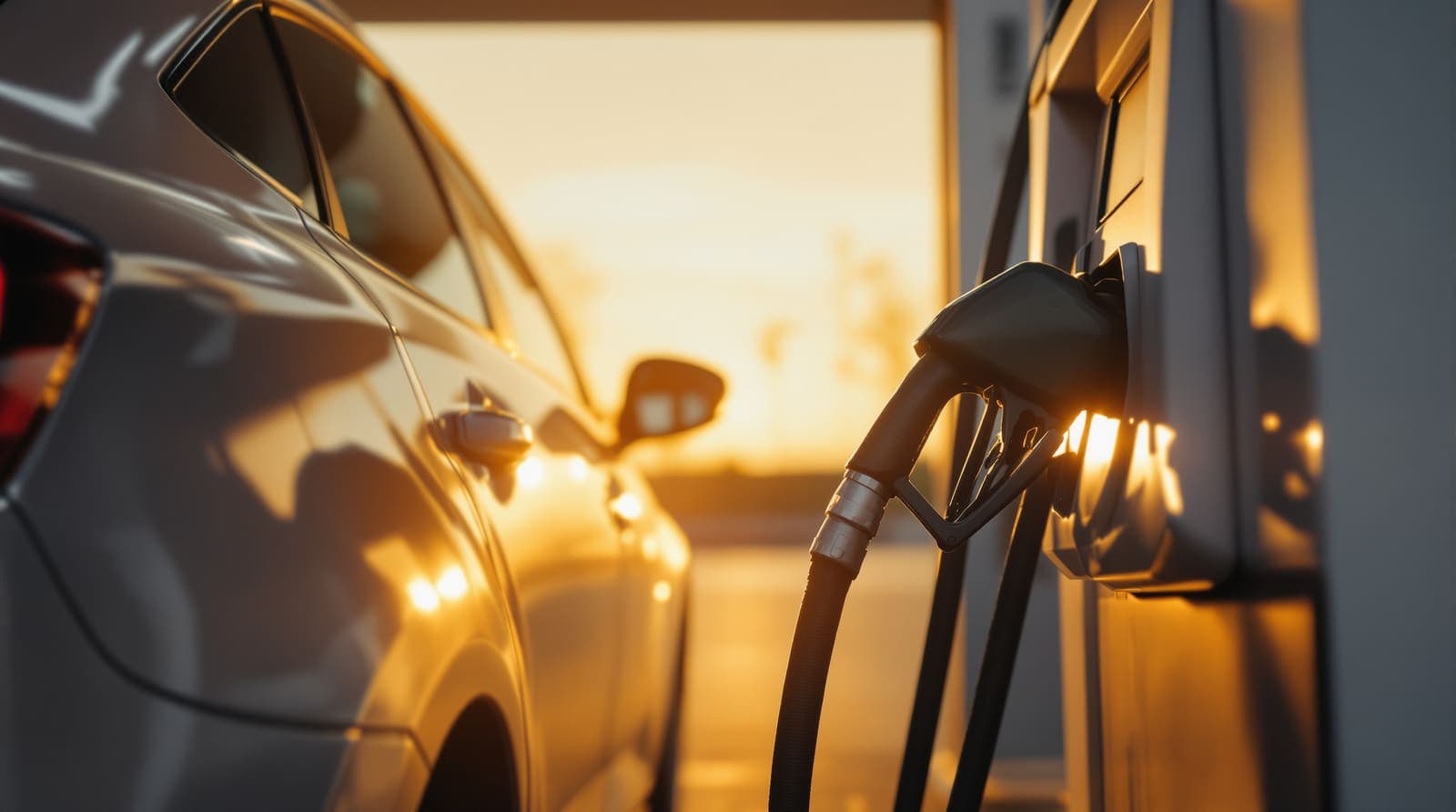 Illustration of a fuel hose running from a plain pump with a dark unlit display into the open filler of a car seen side-on at golden hour.