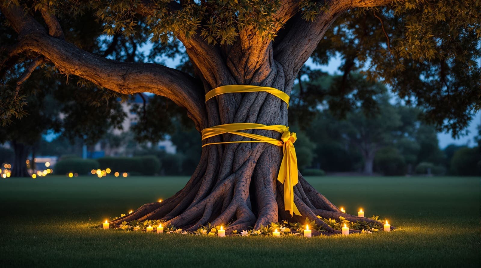 Illustration of yellow ribbons tied around a eucalyptus trunk with memorial candles glowing at its base at dusk.