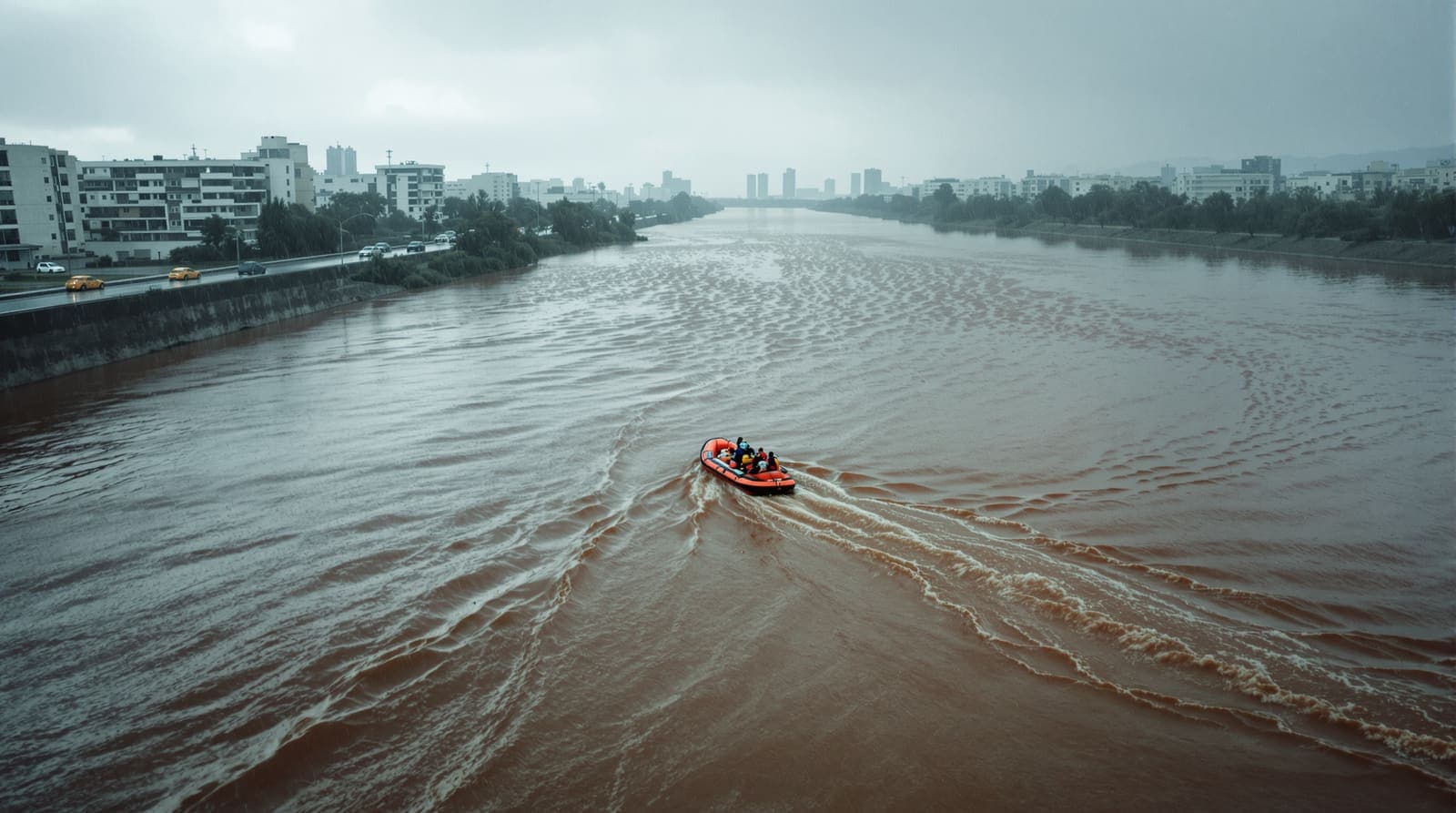 Illustration of an orange rescue raft crossing a flooded highway toward stranded cars in driving rain.
