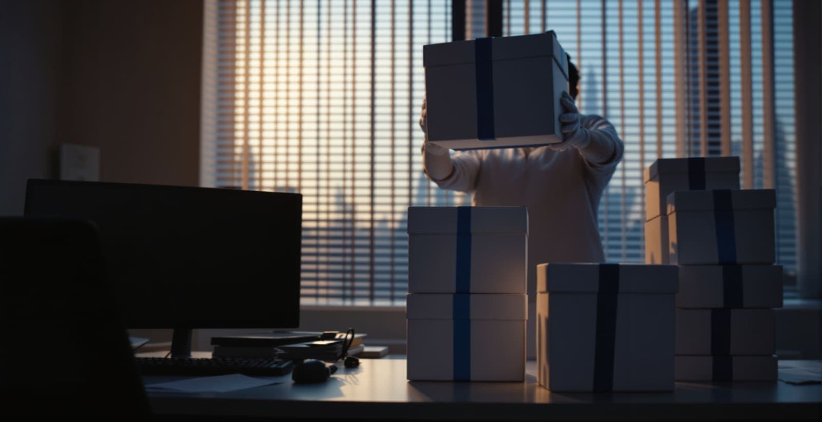 Illustration of an investigator seen from behind lifting sealed evidence boxes from an office desk with a dark computer monitor, in raking light through blinds.