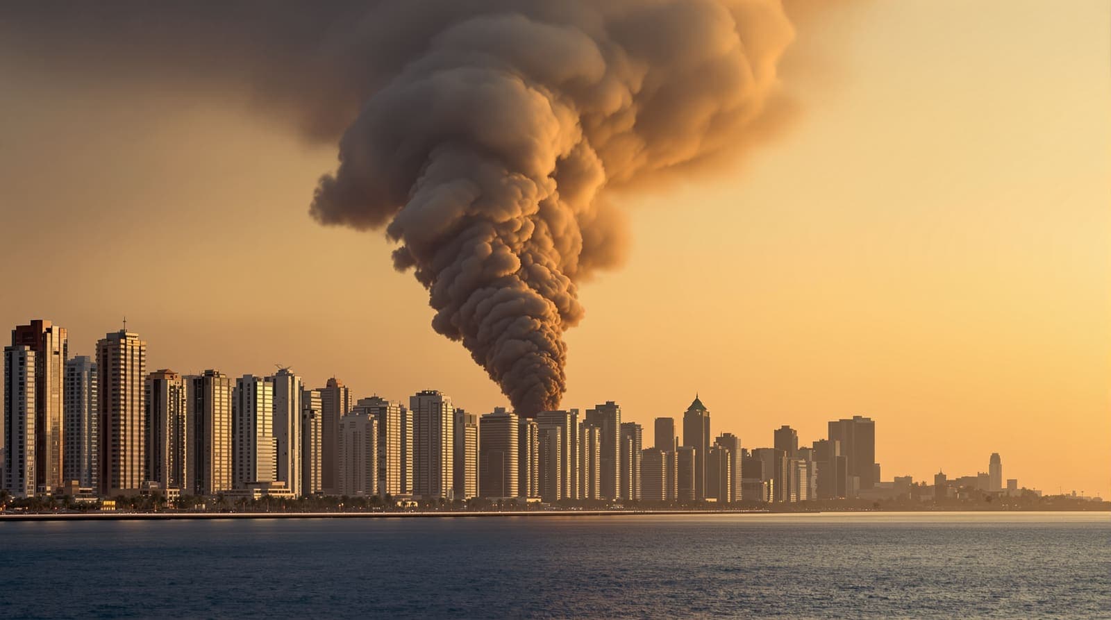 Illustration of a broad smoke column rising from street level among the towers of a waterfront city skyline at dusk.