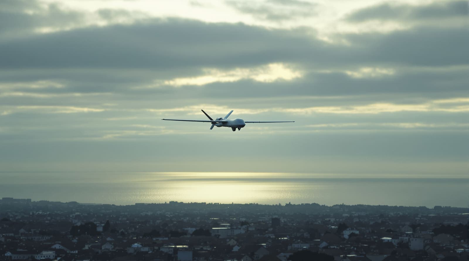 Illustration of a military surveillance drone flying at dawn high above the rooftops of a coastal city.