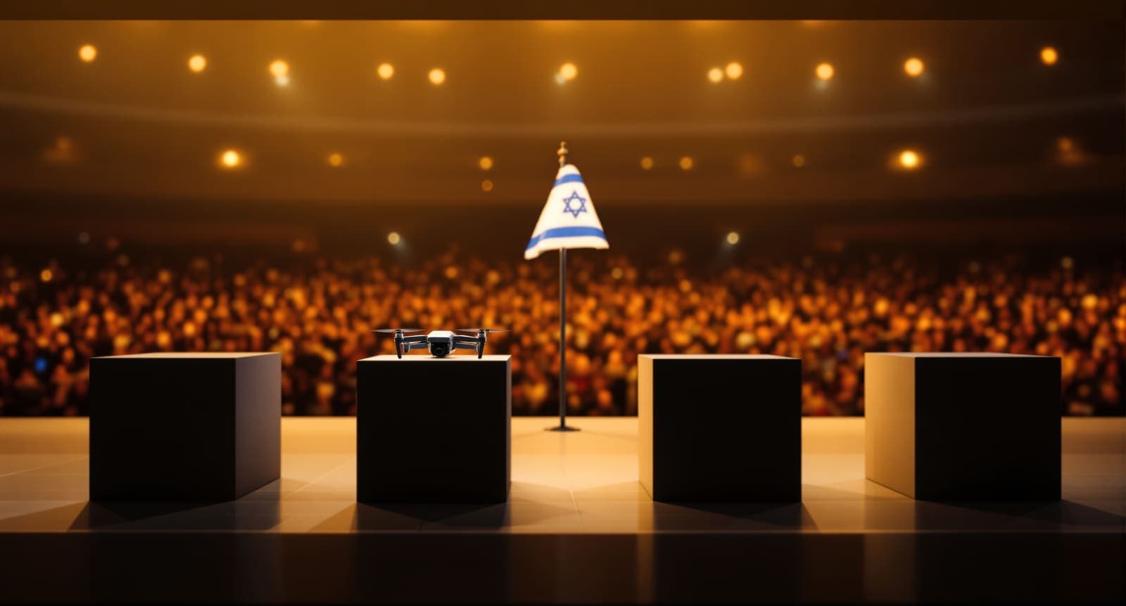 Illustration of a demo-day stage with four display plinths, a small drone resting side-on on one, and an Israeli flag standing beside the stage.
