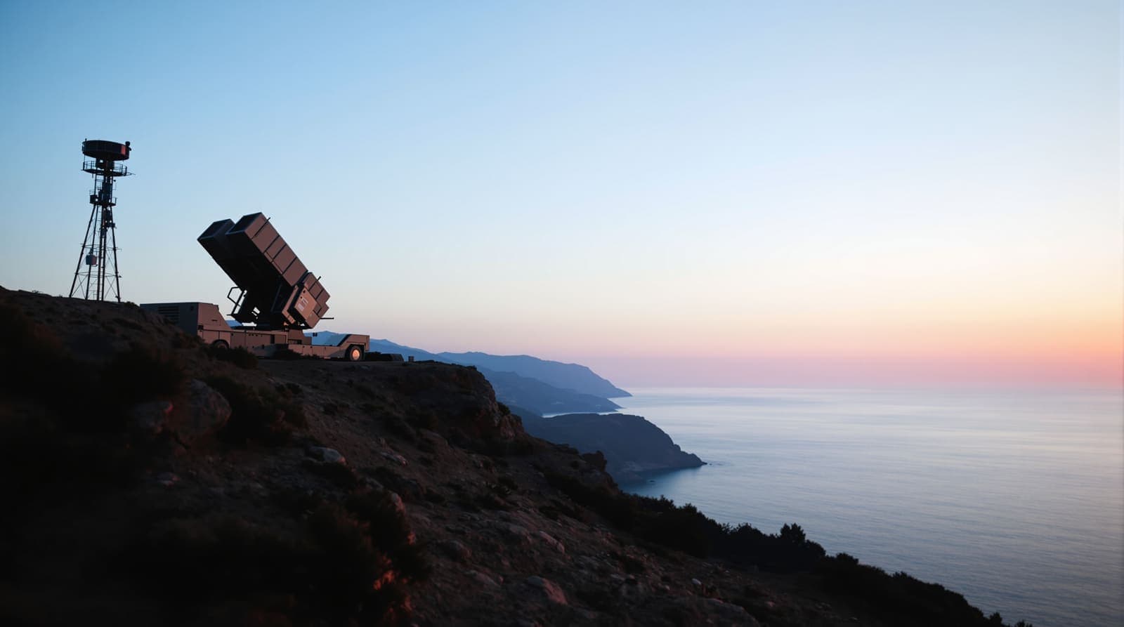 Illustration of a mobile air-defence launcher with raised canisters on a coastal ridge at dawn, a radar mast behind it.