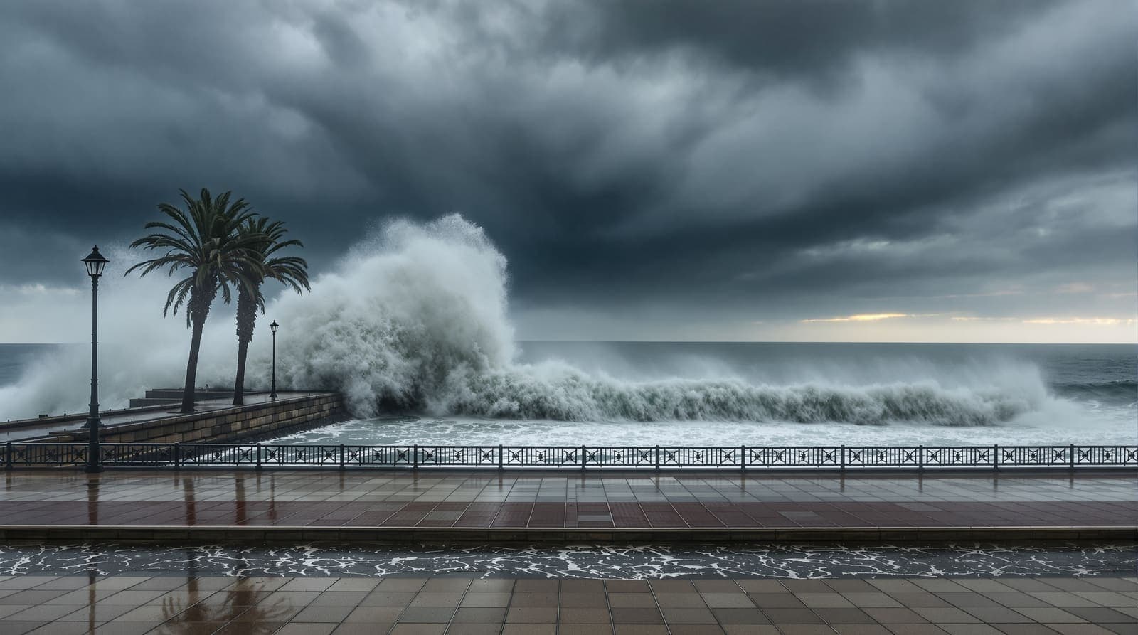 Illustration of storm waves and driving rain battering a Mediterranean seafront promenade under dark clouds.