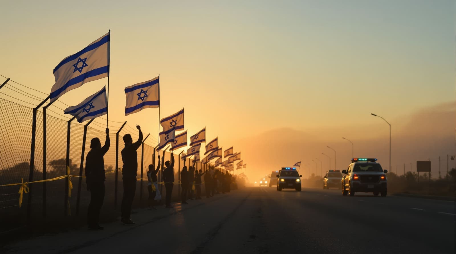 Illustration of people holding Israeli flags at dusk beside a road as a convoy of dark vehicles passes in the distance, yellow ribbons tied to a fence.
