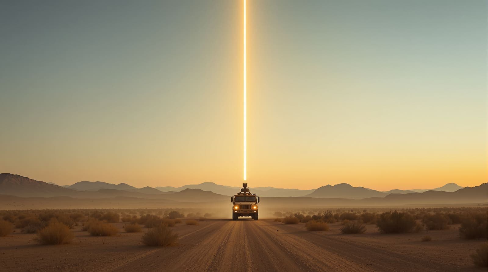 Illustration of a distant truck-mounted laser turret firing a thin beam up toward a small drone silhouette in a dusk sky.