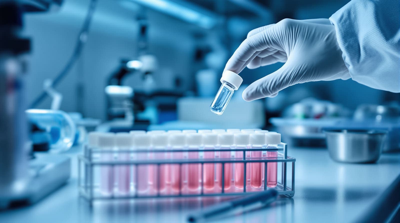Illustration of a gloved hand in protective gear holding a sealed sample vial at a laboratory bench with a microscope.