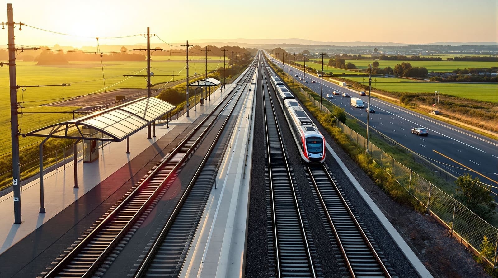 Illustration of a modern electric passenger train arriving at a new station platform beside a highway at golden hour.